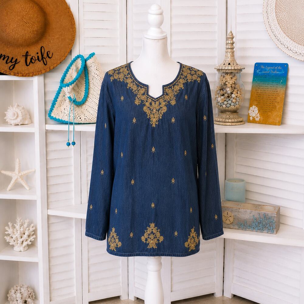 Stylish Chakra Denim Blouse Size 12 14 EU 44 Boho Embroidered Tunic Blue Tan